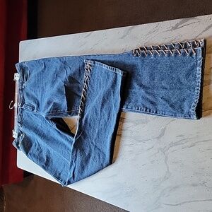 JACKIE BLUE Denim Split Flare Hem w/Faux Leather detailing High Rise size 12